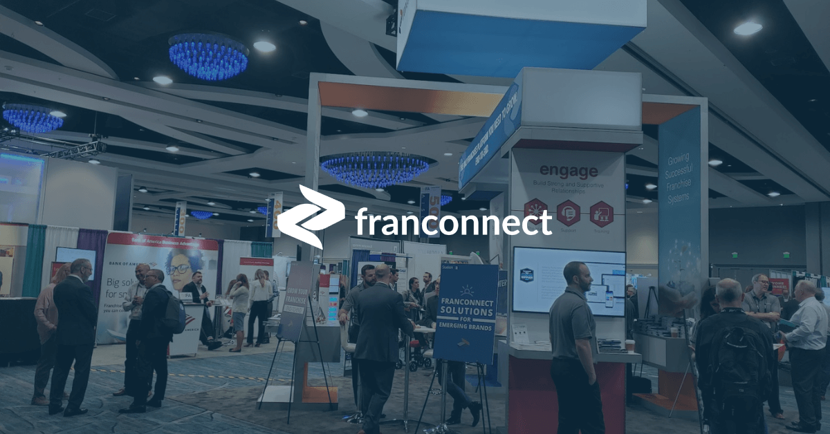 FranConnect logo over a tradeshow background