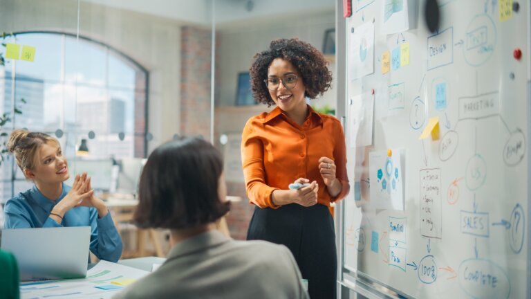 Diverse,Office,Conference,Room,Meeting:,Successful,Black,Female,Executive,Director - FranConnect Franchise operations leader reviewing franchisee engagement and unit performance across locations