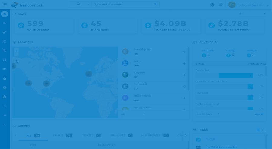 FranConnect Command Center interface
