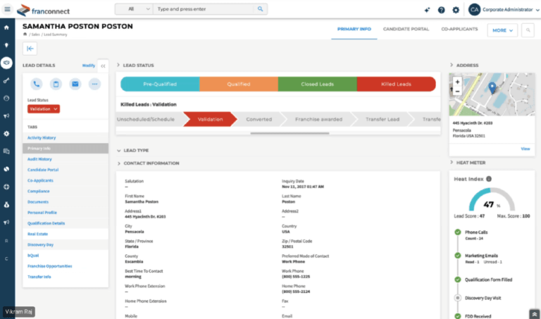 Expand-Locations-Lead-Status - FranConnect FranConnect lead management dashboard showing candidate status from pre-qualified to closed