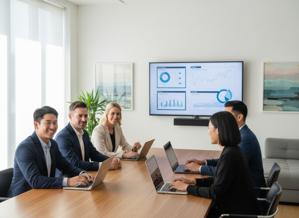 Business services team collaborating in a modern office