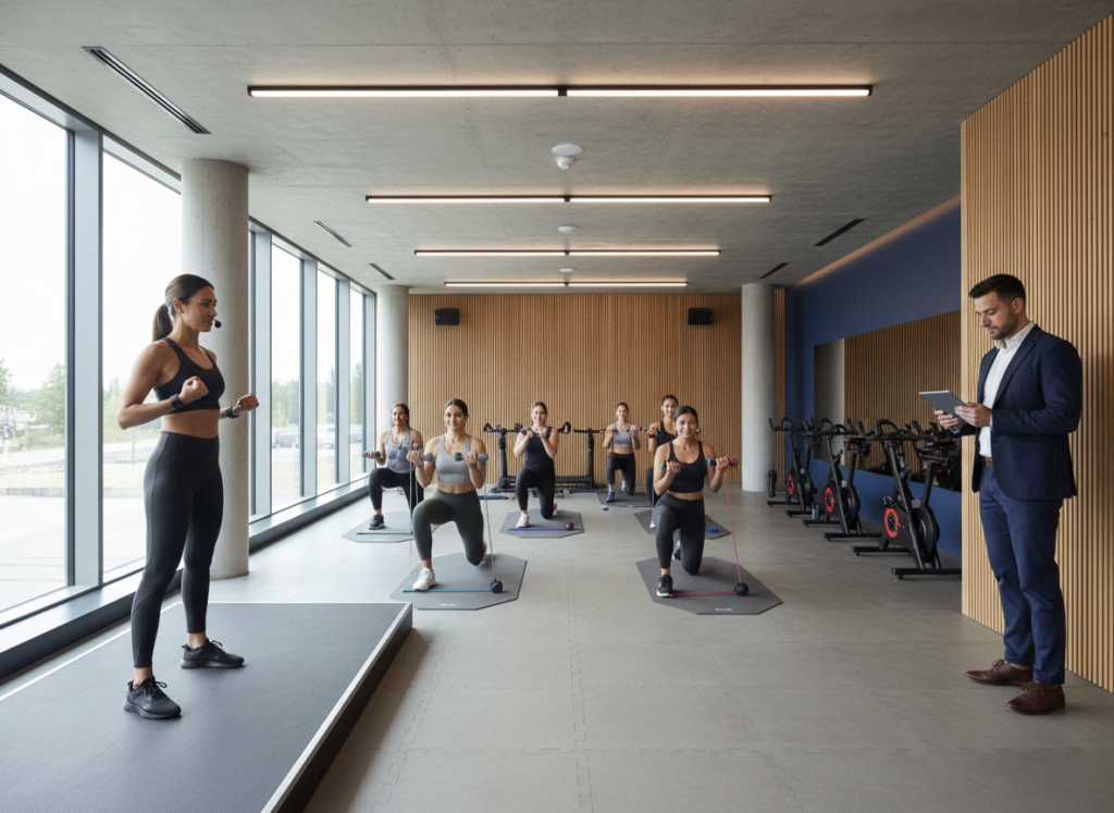 Fitness studio team delivering a class and reviewing operations