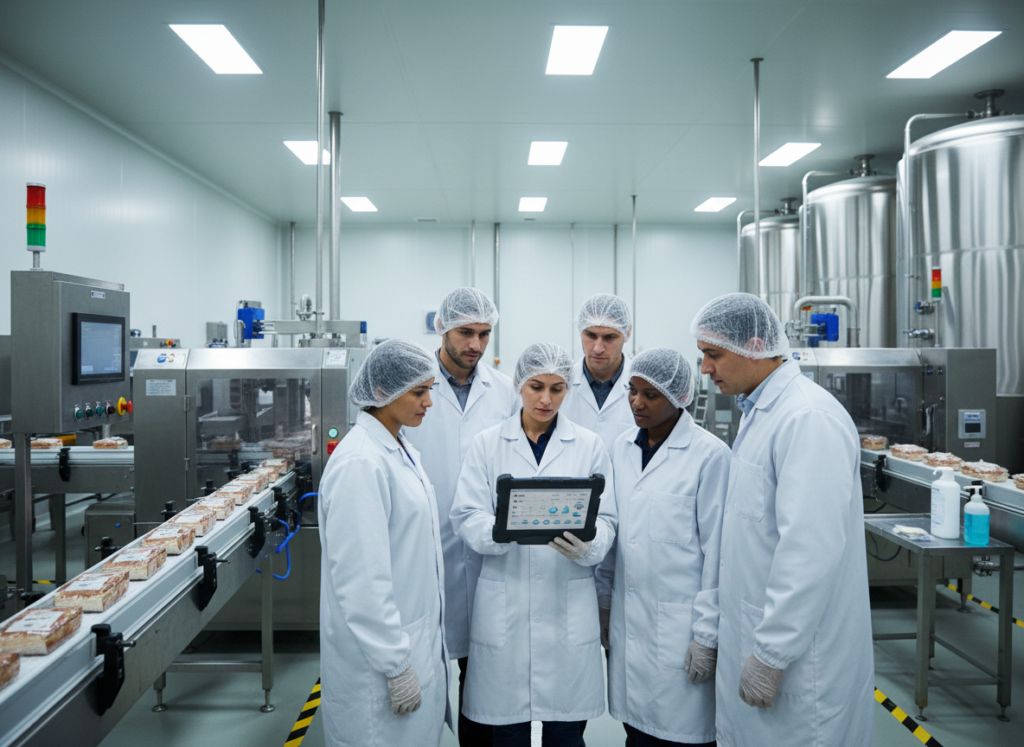 Food manufacturing quality team reviewing production and inspection data