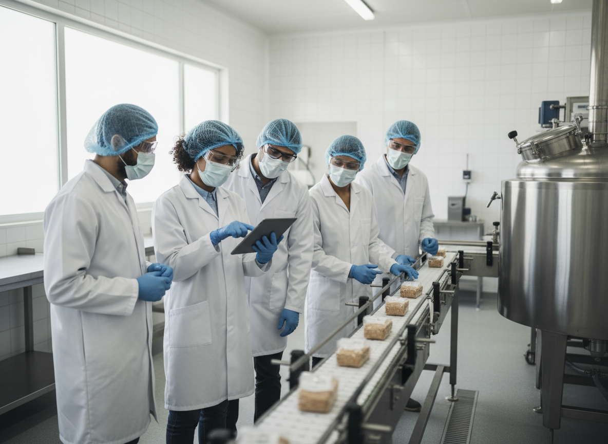 Food manufacturing quality team inspecting production and food safety processes
