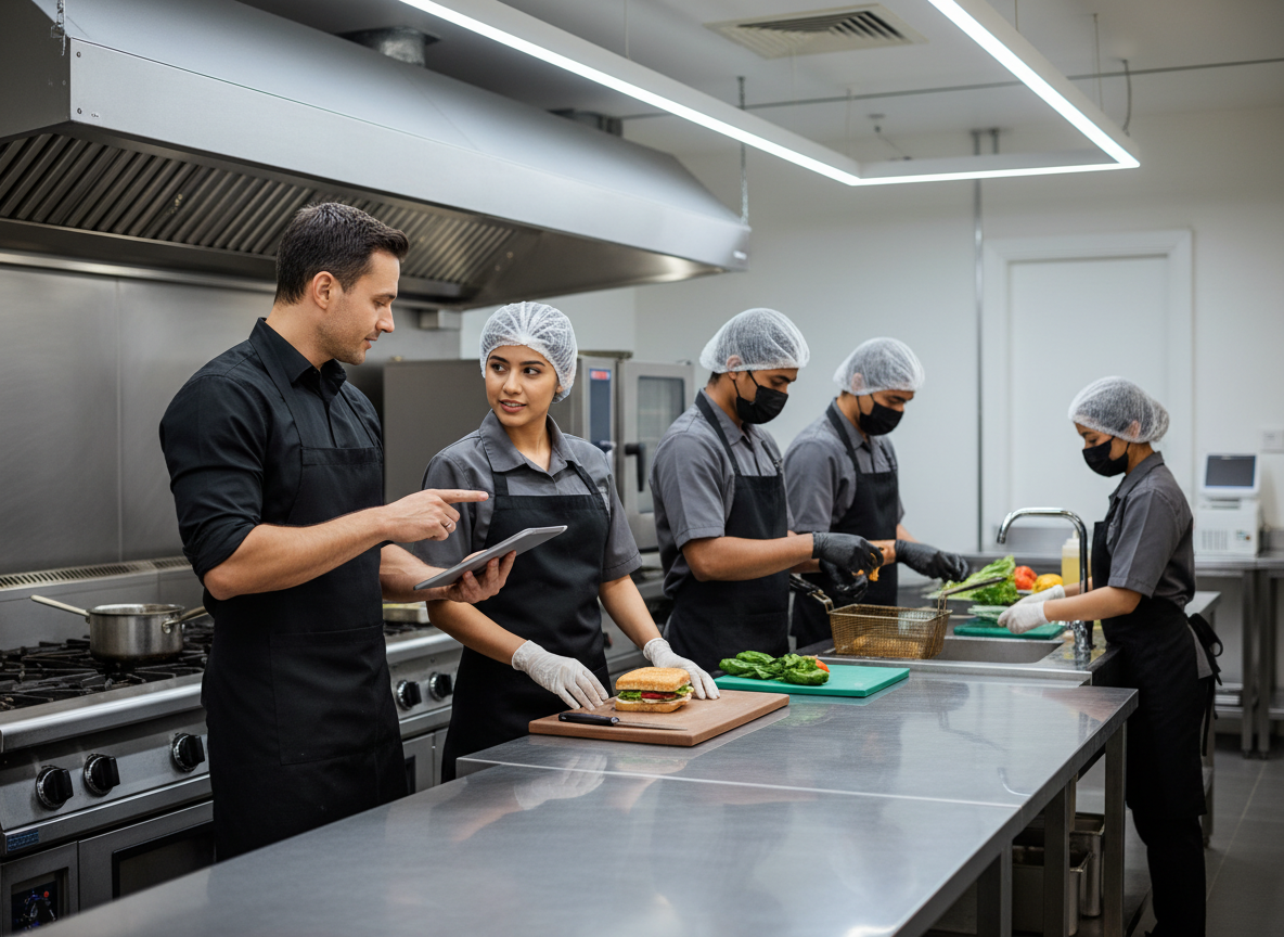 Quick-service restaurant team following food safety and quality procedures