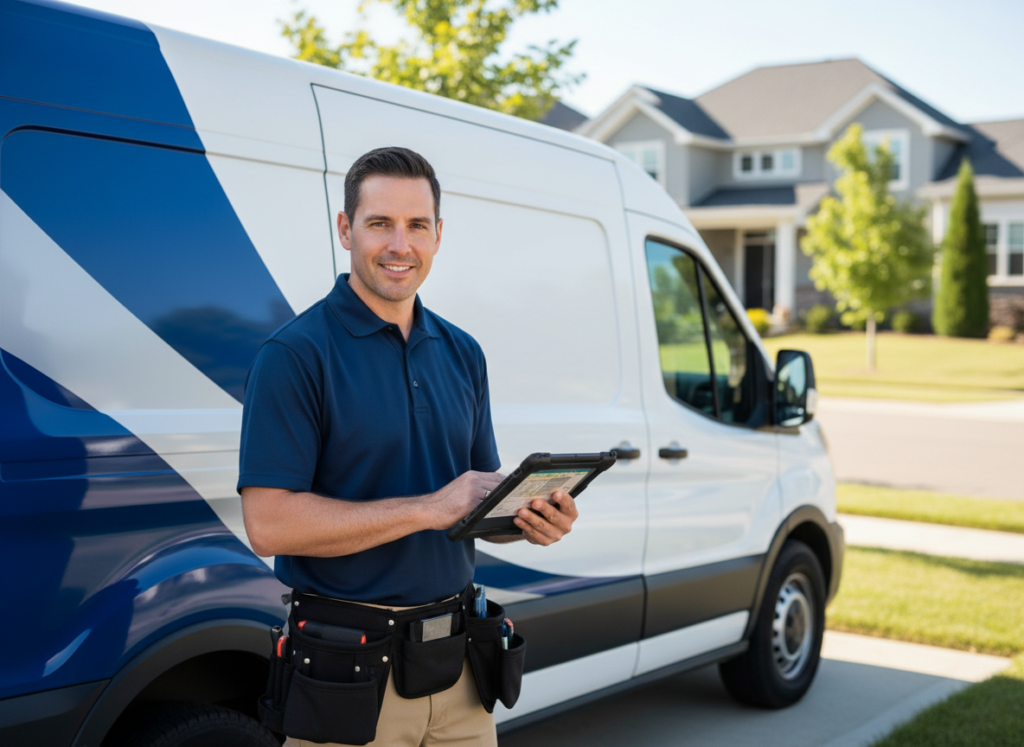 Home services technician and franchise owner reviewing work in the field