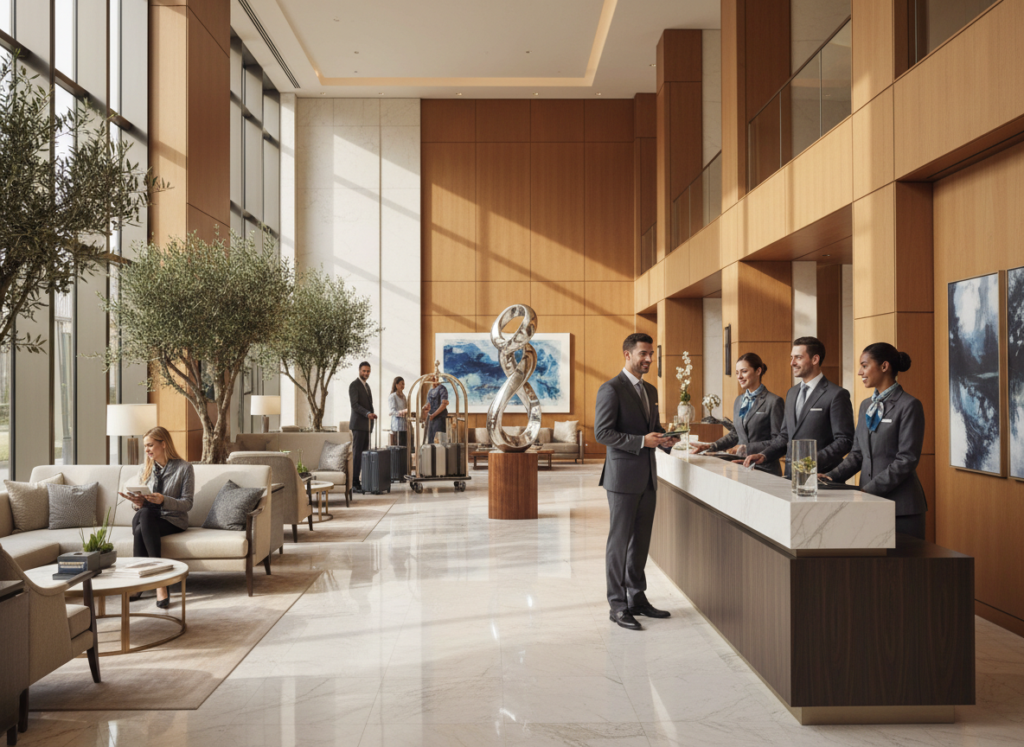 Hospitality staff assisting guests in a modern hotel lobby