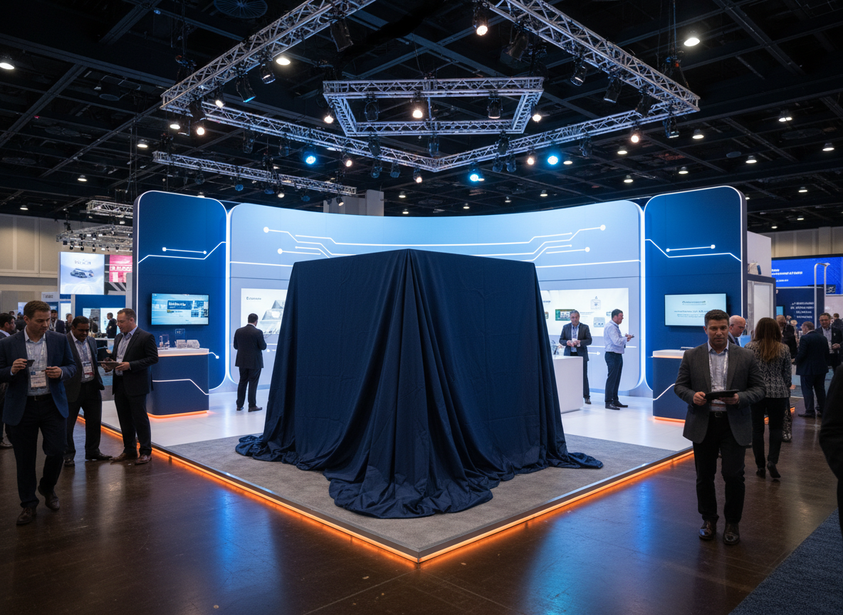 FranConnect-style trade show booth with a large covered reveal for IFA 2027