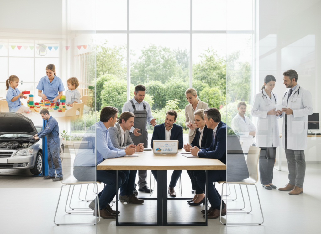 Professionals from multiple industries collaborating around shared business operations