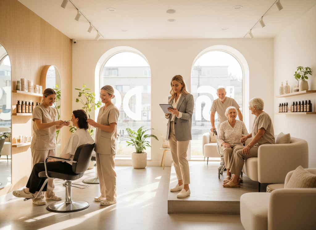 Personal services team assisting customers in a modern service location