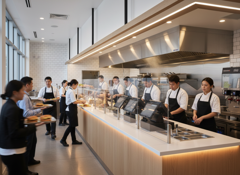 Quick-service restaurant team working during service