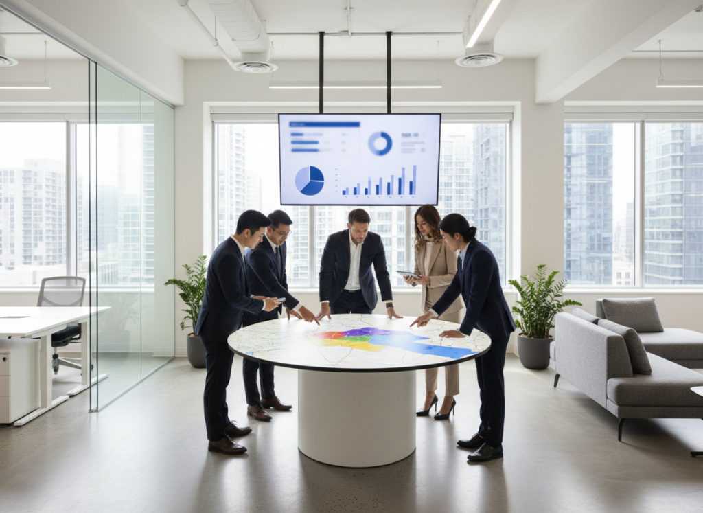 Real estate brokerage team reviewing network performance