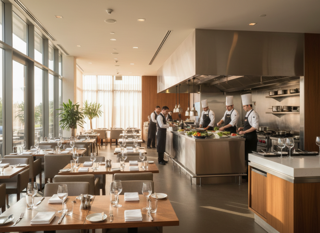 Restaurant staff preparing a modern dining room for service